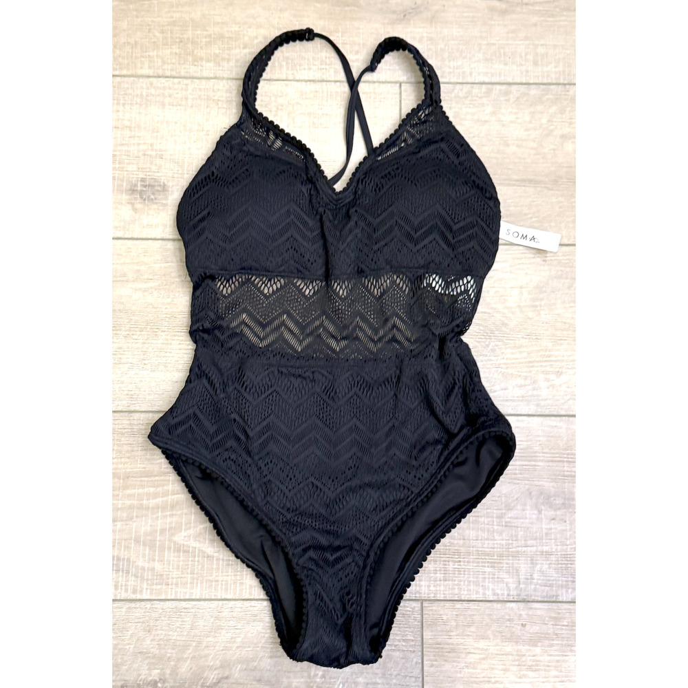 NWT SOMA BLACK CROCHET ONE PIECE SWIMSUIT SZ 10